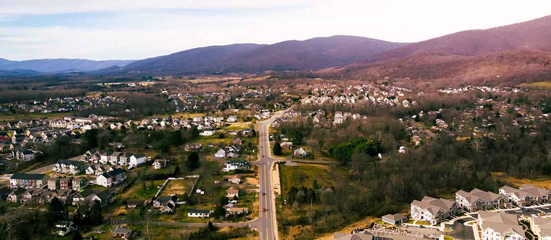 Crozet city skyline view with mountains in the background