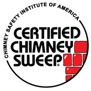 round CSIA certified chimney sweep logo with red bricks