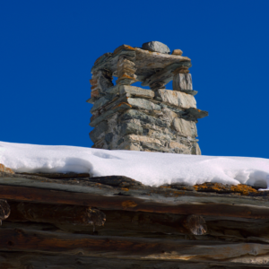 a stone chimney surrounded by a snowy roof