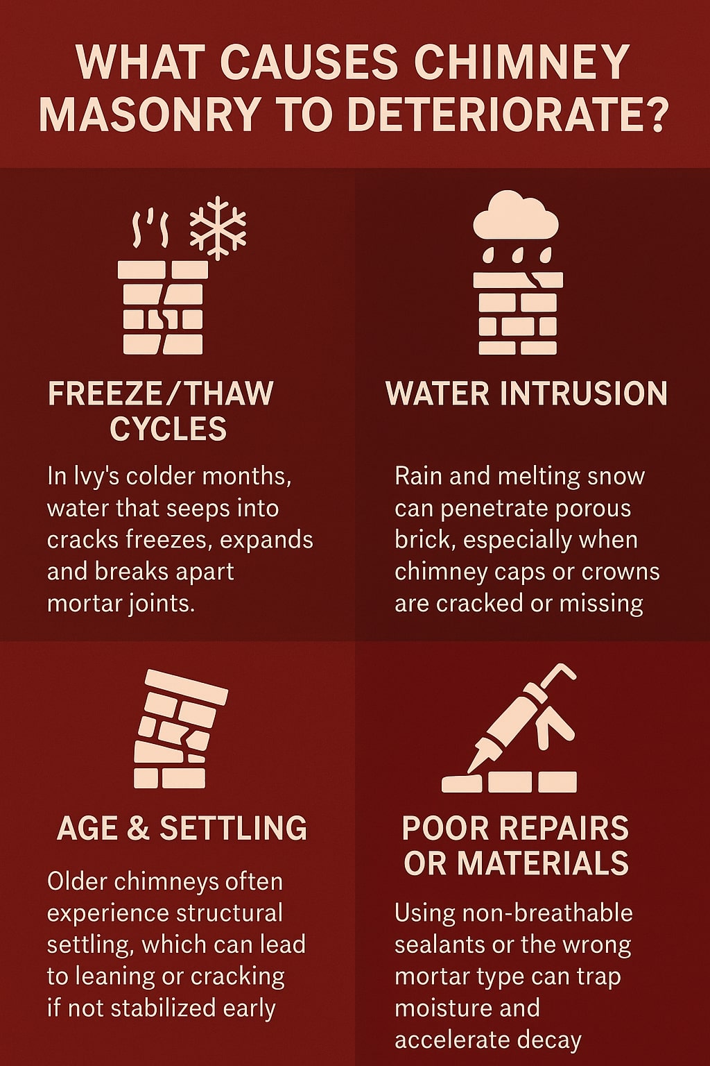 Original infographic showing four causes of chimney masonry deterioration, set against a deep red background with tan icons and text. The title “What Causes Chimney Masonry to Deteriorate?” appears at the top in bold uppercase letters. Each quadrant contains a cream-colored icon and heading: “Freeze/Thaw Cycles” with a cracked chimney and snowflake symbol, describing how water freezes and expands in mortar joints during Ivy’s cold months; “Water Intrusion” with a chimney under rain clouds, explaining how rain and melting snow enter porous brick when caps or crowns are damaged; “Age & Settling” with a leaning chimney icon, noting how older chimneys can crack or tilt over time; and “Poor Repairs or Materials” with a caulking gun symbol, warning that non-breathable sealants or improper mortar trap moisture and speed decay. The overall layout is clean, symmetrical, and uses simple line-style graphics.<br />
