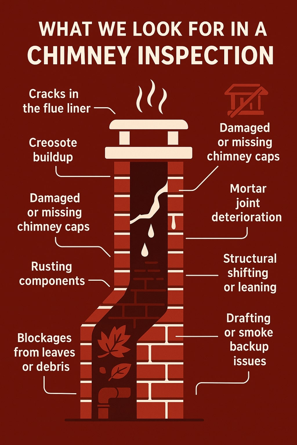 original infographic depicting a stylized brick chimney on a dark red background with cream-colored text and illustrations, showing various inspection checkpoints including cracks in the flue liner, creosote buildup, damaged or missing chimney caps, rusting components, blockages from leaves or debris, mortar joint deterioration, structural shifting or leaning, and drafting or smoke backup issues; the chimney illustration features steam rising from the top, a visible internal crack with dripping water, leaves and debris near the base, and labeled callouts pointing to each problem area, with the title “What We Look For in a Chimney Inspection” displayed in large white text at the top.