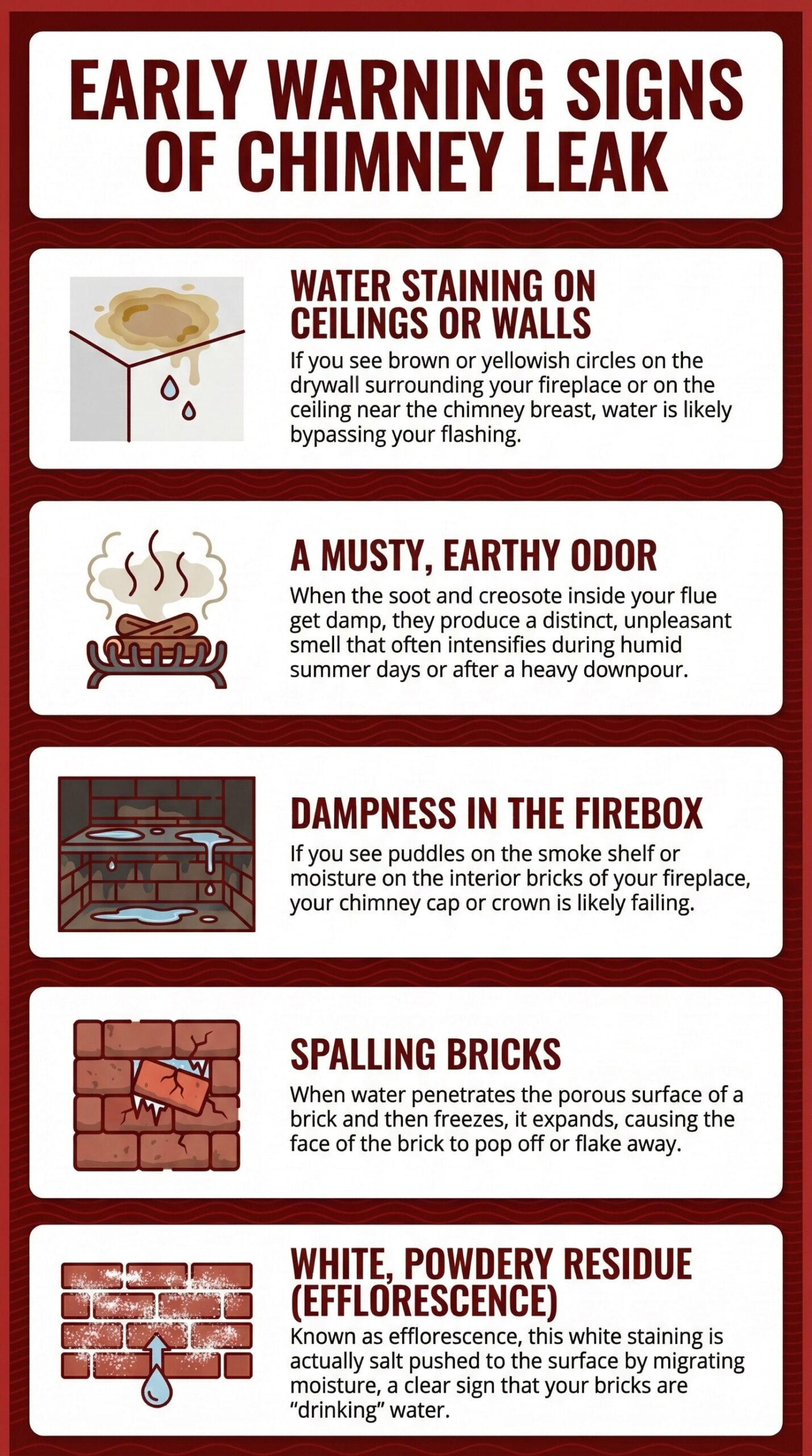 original infographic titled "Early Warning Signs of Chimney Leak" is presented in a portrait orientation with a deep red textured background and white rounded information blocks. The top header features the title in bold, dark red capital letters. The first section, "Water Staining on Ceilings or Walls," includes an icon of a water-damaged corner and explains that yellowish circles on drywall indicate water is bypassing the chimney flashing. The second section, "A Musty, Earthy Odor," shows an icon of logs in a fireplace emitting scent lines, explaining that damp soot and creosote create smells that intensify in humidity. The third section, "Dampness in the Firebox," illustrates puddles on a smoke shelf, suggesting a failing chimney cap or crown. The fourth section, "Spalling Bricks," depicts a brick face popping off a wall due to water freezing and expanding within the porous surface. The final section, "White, Powdery Residue (Efflorescence)," shows white salt stains on a brick wall, identifying this as a sign that bricks are "drinking" water.